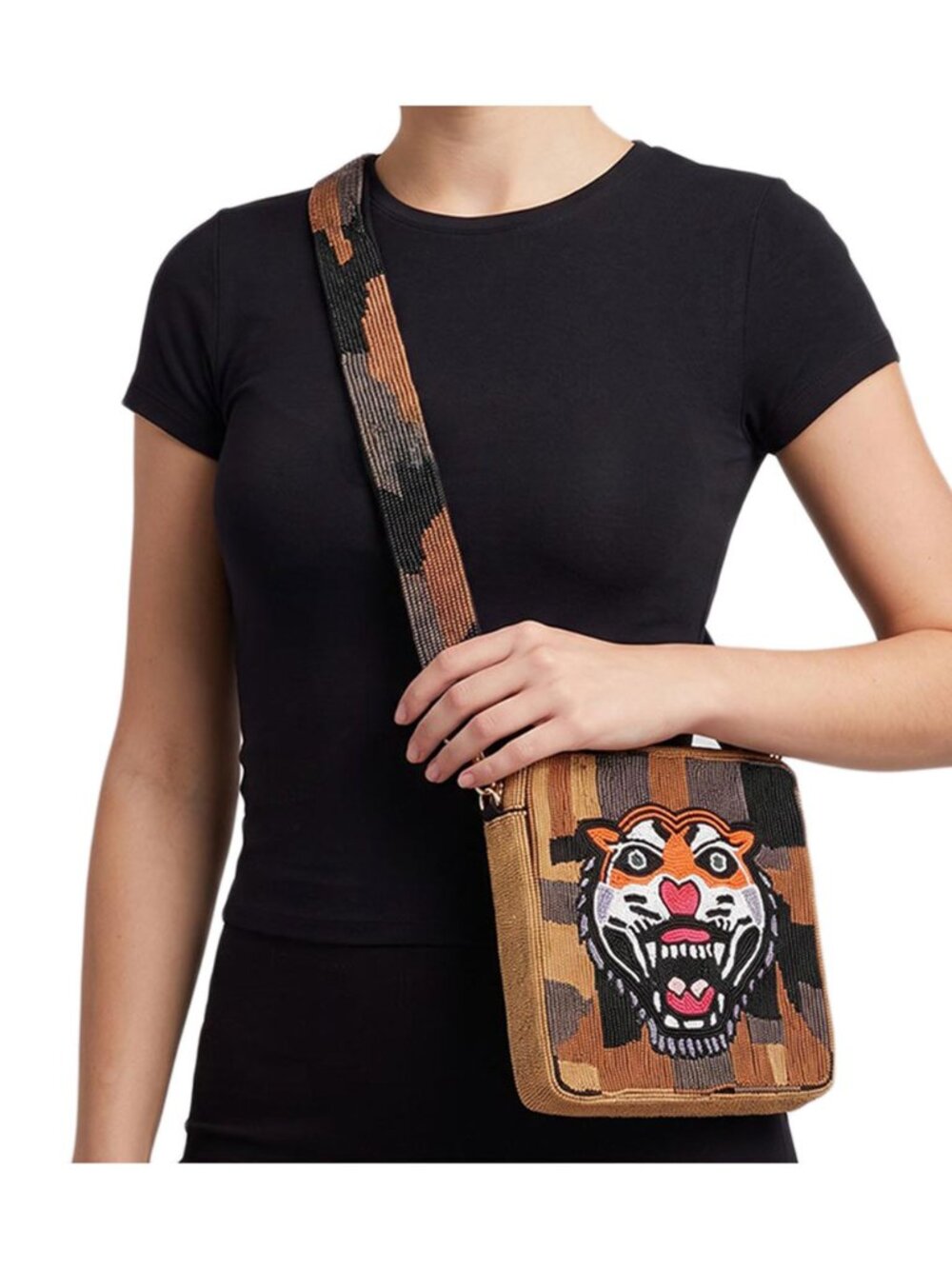 Tigerstars Brown Seed Beaded Tiger Print Square Crossbody Bag